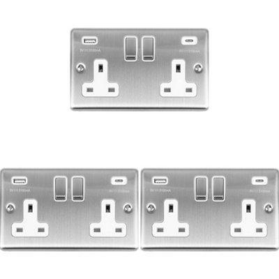 3 PACK 2 Gang UK Plug Socket & 2x 3.1A USB-C & A SATIN STEEL & WHITE 13A Switch