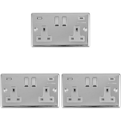 3 PACK 2 Gang UK Plug Socket & Dual 3.1A USB-C & A CHROME & GREY 13A Switched