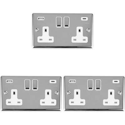 3 PACK 2 Gang UK Plug Socket & Dual 3.1A USB-C & A CHROME & WHITE 13A Switched