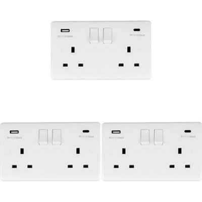 3 PACK 2 Gang UK Plug Socket & Dual 3.1A USB-C & A WHITE PLASTIC 13A Switched