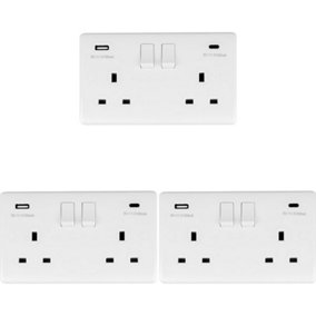 3 PACK 2 Gang UK Plug Socket & Dual 3.1A USB-C & A WHITE PLASTIC 13A Switched