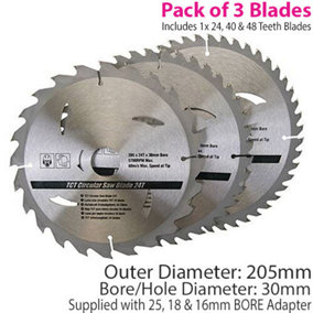 3 Pack 205mm x 30mm TCT Circular Saw Blades 25mm 18mm 16mm Rings