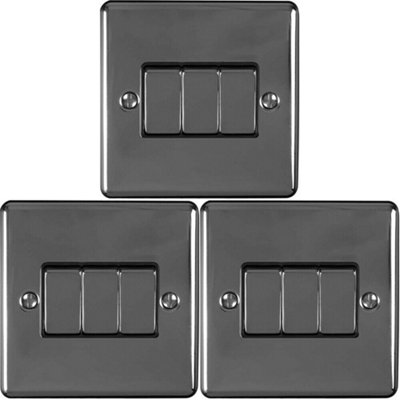 3 PACK 3 Gang Metal Triple Light Switch BLACK NICKEL 2 Way 10A Black Trim