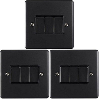 3 PACK 3 Gang Metal Triple Light Switch MATT BLACK 2 Way 10A Black Trim