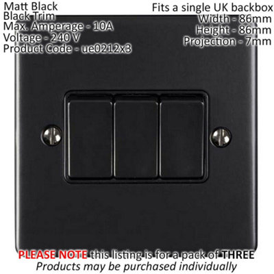 3 PACK 3 Gang Metal Triple Light Switch MATT BLACK 2 Way 10A Black Trim