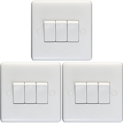 3 PACK 3 Gang Triple 10A Light Switch 2 Way - WHITE PLASTIC Wall Plate Rocker