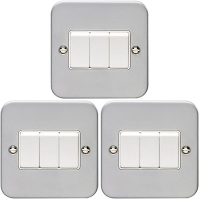 3 PACK 3 Gang Triple Light Switch 2 Way 10A HEAVY DUTY METAL CLAD - White Rocker