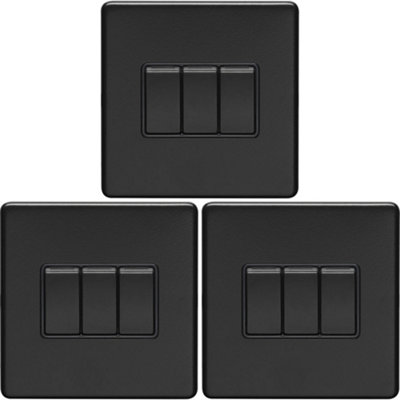 3 PACK 3 Gang Triple Light Switch SCREWLESS MATT BLACK 2 Way 10A Slim Rocker