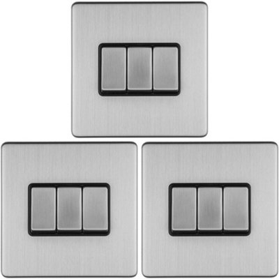 3 PACK 3 Gang Triple Light Switch SCREWLESS SATIN STEEL 2 Way 10A Slim Rocker