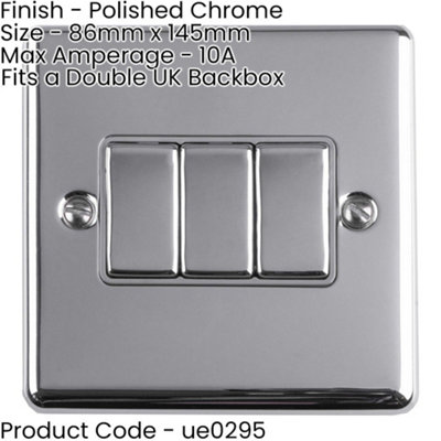 3 PACK 3 Gang Triple Metal Light Switch POLISHED CHROME 2 Way 10A GREY Trim