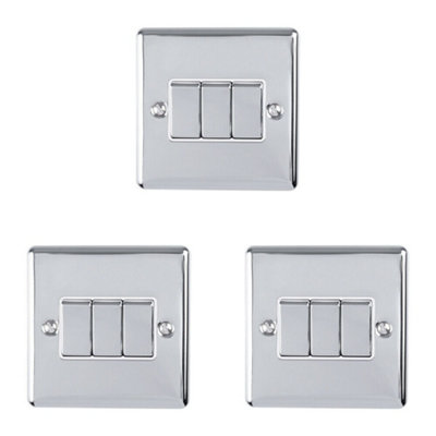 3 PACK 3 Gang Triple Metal Light Switch POLISHED CHROME 2 Way 10A White Trim