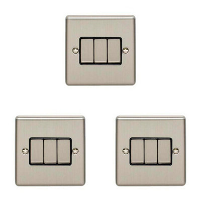 3 PACK 3 Gang Triple Metal Light Switch SATIN STEEL 2 Way 10A Black Trim