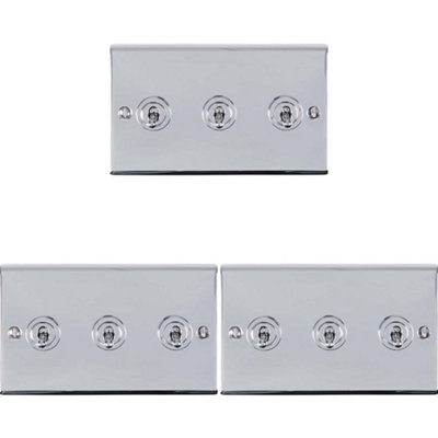 3 PACK 3 Gang Triple Retro Toggle Light Switch POLISHED CHROME 10A 2 Way Plate