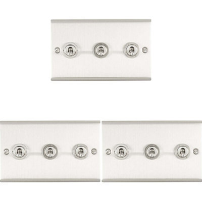 3 PACK 3 Gang Triple Retro Toggle Light Switch SATIN STEEL 10A 2 Way Wall Plate