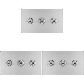 3 PACK 3 Gang Triple Retro Toggle Light Switch SCREWLESS SATIN STEEL 10A 2 Way