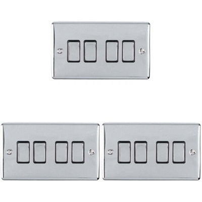3 PACK 4 Gang Metal Quad Light Switch POLISHED CHROME 2 Way 10A Black Trim