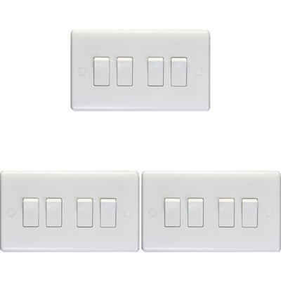 3 PACK 4 Gang Quad 10A Light Switch 2 Way - WHITE PLASTIC Wall Plate Rocker