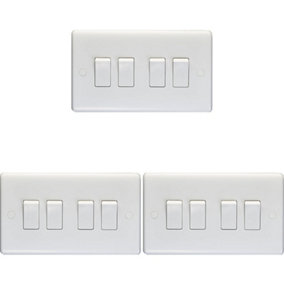 3 PACK 4 Gang Quad 10A Light Switch 2 Way - WHITE PLASTIC Wall Plate Rocker