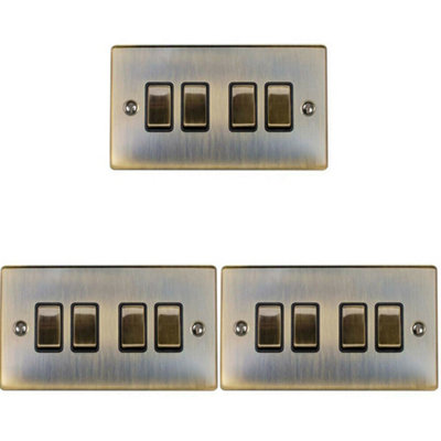 3 PACK 4 Gang Quad Light Switch ANTIQUE BRASS 2 Way 10A Black Trim