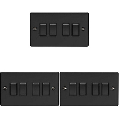 3 PACK 4 Gang Quad Light Switch MATT BLACK 2 Way 10A Black Trim DIY