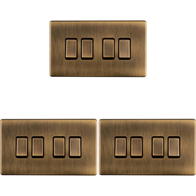 3 PACK 4 Gang Quad Light Switch SCREWLESS ANTIQUE BRASS 2 Way 10A Slim Rocker