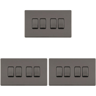 3 PACK 4 Gang Quad Light Switch SCREWLESS BLACK NICKEL 2 Way 10A Slim Rocker