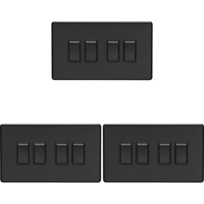 3 PACK 4 Gang Quad Light Switch SCREWLESS MATT BLACK 2 Way 10A Slim Rocker