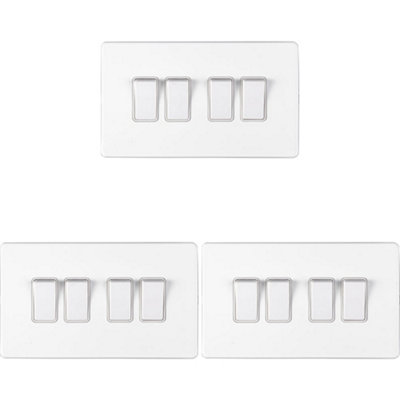 3 PACK 4 Gang Quad Light Switch SCREWLESS MATT WHITE 2 Way 10A Slim Rocker