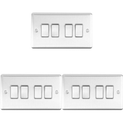 3 PACK 4 Gang Quad Metal Light Switch SATIN STEEL 2 Way 10A Grey Trim