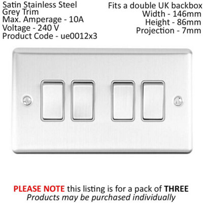 3 PACK 4 Gang Quad Metal Light Switch SATIN STEEL 2 Way 10A Grey Trim