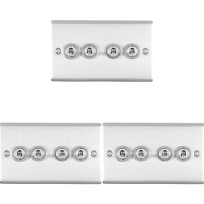 3 PACK 4 Gang Quad Retro Toggle Light Switch SATIN STEEL 10A 2 Way Wall Plate