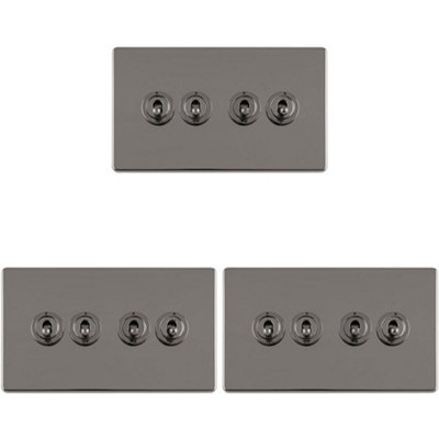 3 PACK 4 Gang Quad Retro Toggle Light Switch SCREWLESS BLACK NICKEL 10A 2 Way