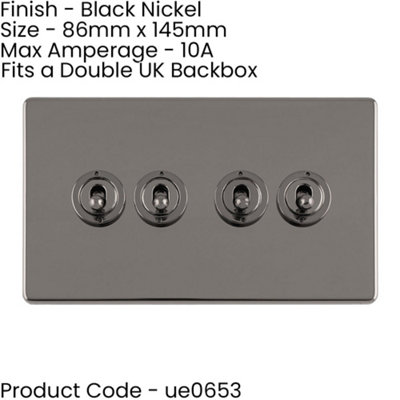 3 PACK 4 Gang Quad Retro Toggle Light Switch SCREWLESS BLACK NICKEL 10A 2 Way