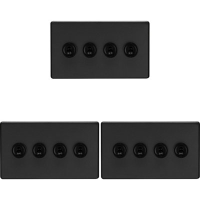 3 PACK 4 Gang Quad Retro Toggle Light Switch SCREWLESS MATT BLACK 10A 2 Way