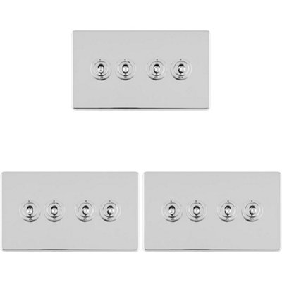 3 PACK 4 Gang Quad Retro Toggle Light Switch SCREWLESS POLISHED CHROME 10A 2 Way