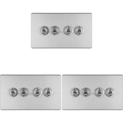 3 PACK 4 Gang Quad Retro Toggle Light Switch SCREWLESS SATIN STEEL 10A 2 Way