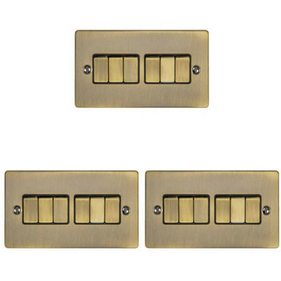 3 PACK 6 Gang Metal Multi Light Switch ANTIQUE BRASS 2 Way 10A Black Trim