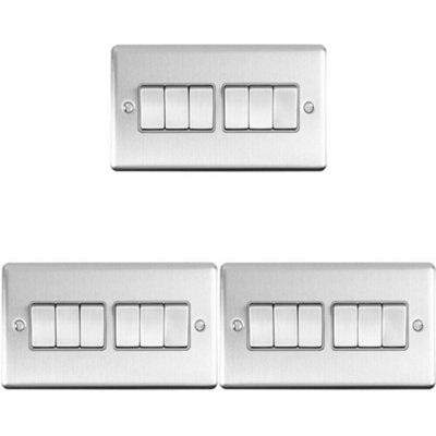 3 PACK 6 Gang Metal Multi Light Switch SATIN STEEL 2 Way 10A Grey Trim