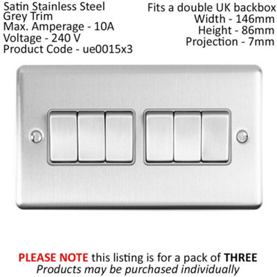 3 PACK 6 Gang Metal Multi Light Switch SATIN STEEL 2 Way 10A Grey Trim
