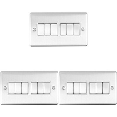 3 PACK 6 Gang Metal Multi Light Switch SATIN STEEL 2 Way 10A White Trim