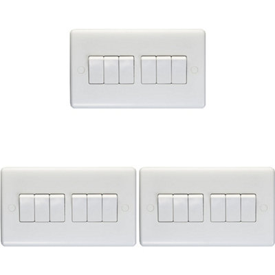 3 PACK 6 Gang Multi 10A Light Switch 2 Way - WHITE PLASTIC Wall Plate Rocker