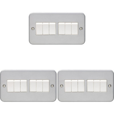 3 PACK 6 Gang Multi Light Switch 2 Way 10A HEAVY DUTY METAL CLAD - White Rocker