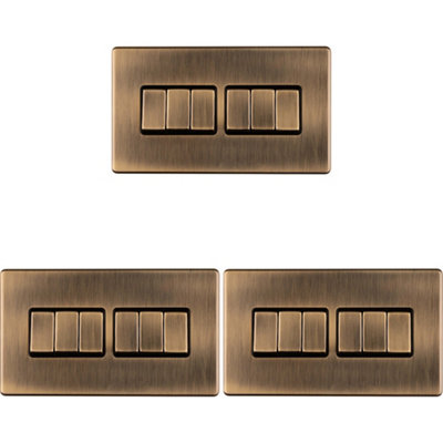 3 PACK 6 Gang Multi Light Switch SCREWLESS ANTIQUE BRASS 2 Way 10A Slim Rocker