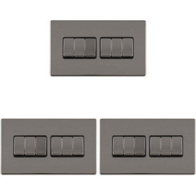 3 PACK 6 Gang Multi Light Switch SCREWLESS BLACK NICKEL 2 Way 10A Slim Rocker