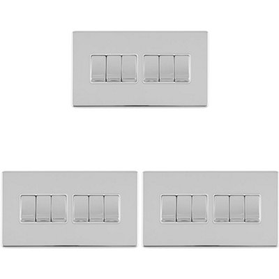 3 PACK 6 Gang Multi Light Switch SCREWLESS POLISHED CHROME 2 Way 10A Rocker