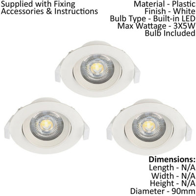 3 Pack Adjustable Ceiling Downlight with Built-in LED - White Plastic - 5W