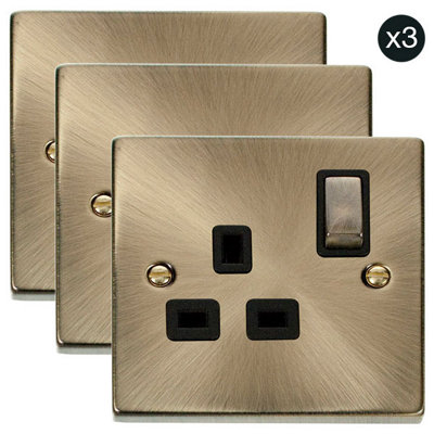3 PACK - Antique Brass 1 Gang 13A DP Ingot Switched Plug Socket - Black Trim - SE Home