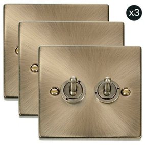 3 PACK - Antique Brass 2 Gang 2 Way 10AX Toggle Light Switch - SE Home