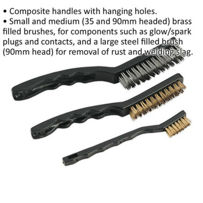 3 PACK Auto Engineers Wire Brush Set -2x Brass Brushes - 1x Steel