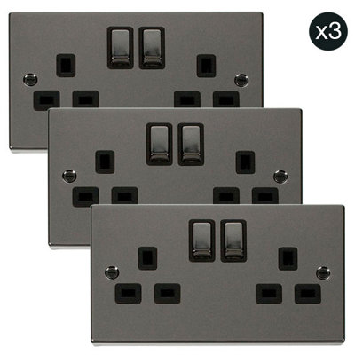 3 PACK - Black Nickel 2 Gang 13A DP Ingot Twin Double Switched Plug Socket - Black Trim - SE Home Price Comparisons | Compare The Build
